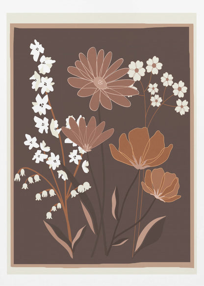 A minimalist floral illustration featuring a bouquet of stylized flowers in shades of brown, muted orange, and off-white, set against a dark chocolate brown background. The artwork is framed with a thin light brown and cream border. Decor
