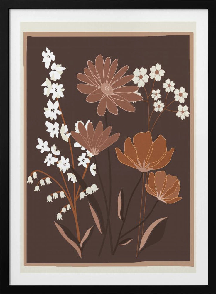 A minimalist floral illustration featuring a bouquet of stylized flowers in shades of brown, muted orange, and off-white, set against a dark chocolate brown background. The artwork is framed with a thin light brown and cream border. Decor