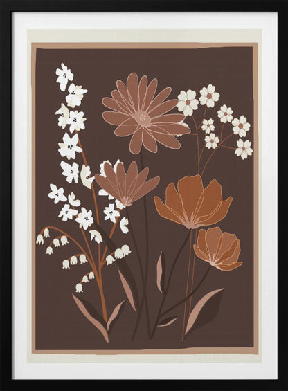 A minimalist floral illustration featuring a bouquet of stylized flowers in shades of brown, muted orange, and off-white, set against a dark chocolate brown background. The artwork is framed with a thin light brown and cream border. Decor