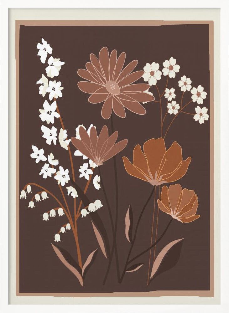 A minimalist floral illustration featuring a bouquet of stylized flowers in shades of brown, muted orange, and off-white, set against a dark chocolate brown background. The artwork is framed with a thin light brown and cream border. Decor