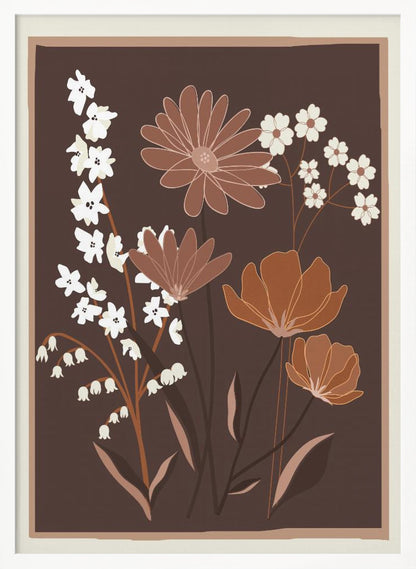 A minimalist floral illustration featuring a bouquet of stylized flowers in shades of brown, muted orange, and off-white, set against a dark chocolate brown background. The artwork is framed with a thin light brown and cream border. Decor