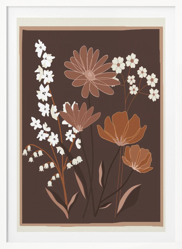 A minimalist floral illustration featuring a bouquet of stylized flowers in shades of brown, muted orange, and off-white, set against a dark chocolate brown background. The artwork is framed with a thin light brown and cream border. Decor