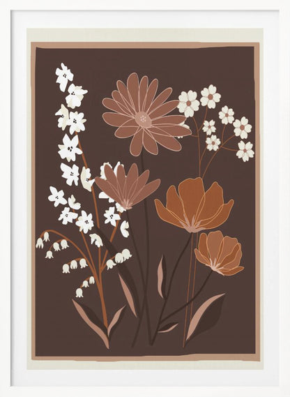 A minimalist floral illustration featuring a bouquet of stylized flowers in shades of brown, muted orange, and off-white, set against a dark chocolate brown background. The artwork is framed with a thin light brown and cream border. Decor