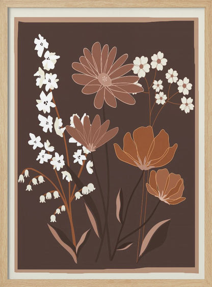 A minimalist floral illustration featuring a bouquet of stylized flowers in shades of brown, muted orange, and off-white, set against a dark chocolate brown background. The artwork is framed with a thin light brown and cream border. Decor