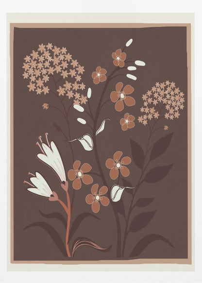 A modern botanical illustration featuring stylized flowers in shades of rust, cream, and light brown against a deep brown background. The framed artwork showcases a variety of floral shapes, including trumpet flowers and small clustered blossoms, in a simple, elegant composition. Artwork