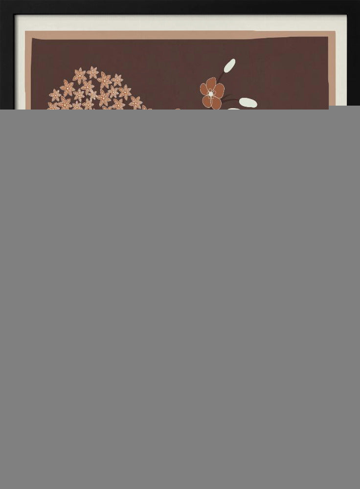A modern botanical illustration featuring stylized flowers in shades of rust, cream, and light brown against a deep brown background. The framed artwork showcases a variety of floral shapes, including trumpet flowers and small clustered blossoms, in a simple, elegant composition. Artwork
