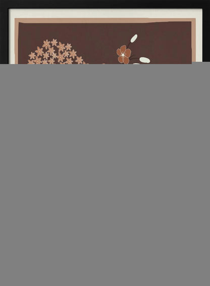 A modern botanical illustration featuring stylized flowers in shades of rust, cream, and light brown against a deep brown background. The framed artwork showcases a variety of floral shapes, including trumpet flowers and small clustered blossoms, in a simple, elegant composition. Artwork