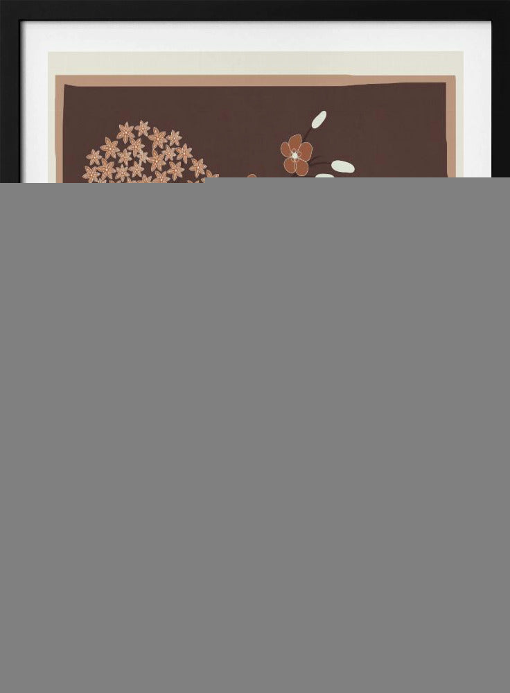 A modern botanical illustration featuring stylized flowers in shades of rust, cream, and light brown against a deep brown background. The framed artwork showcases a variety of floral shapes, including trumpet flowers and small clustered blossoms, in a simple, elegant composition. Artwork