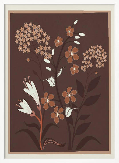 A modern botanical illustration featuring stylized flowers in shades of rust, cream, and light brown against a deep brown background. The framed artwork showcases a variety of floral shapes, including trumpet flowers and small clustered blossoms, in a simple, elegant composition. Artwork