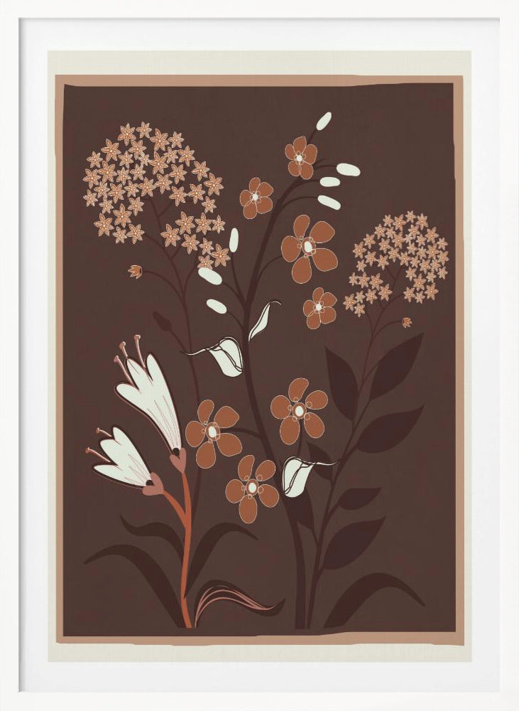 A modern botanical illustration featuring stylized flowers in shades of rust, cream, and light brown against a deep brown background. The framed artwork showcases a variety of floral shapes, including trumpet flowers and small clustered blossoms, in a simple, elegant composition. Artwork