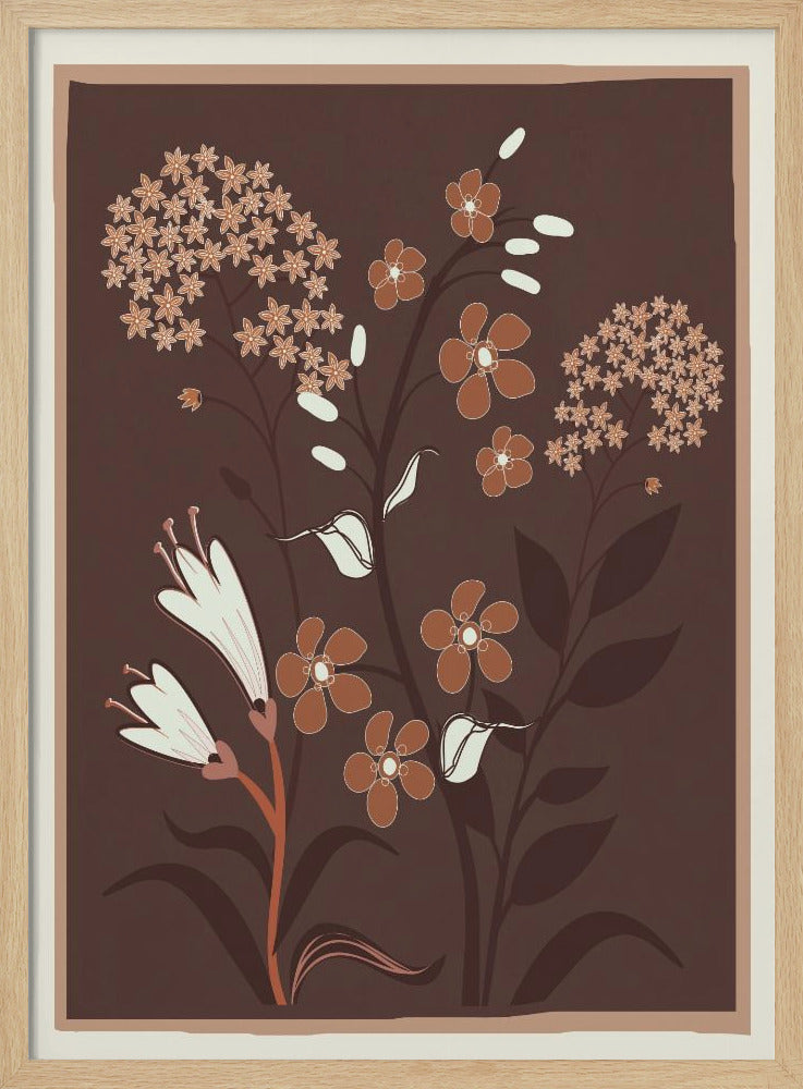 A modern botanical illustration featuring stylized flowers in shades of rust, cream, and light brown against a deep brown background. The framed artwork showcases a variety of floral shapes, including trumpet flowers and small clustered blossoms, in a simple, elegant composition. Artwork