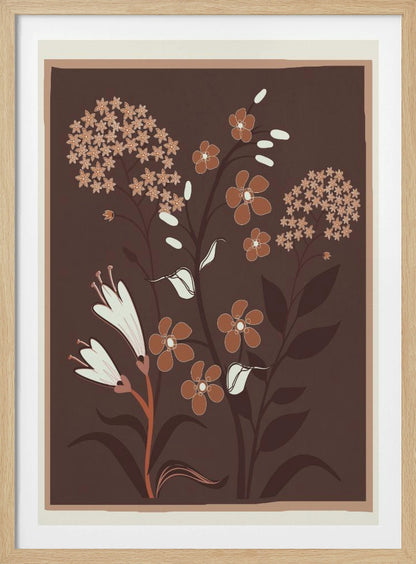 A modern botanical illustration featuring stylized flowers in shades of rust, cream, and light brown against a deep brown background. The framed artwork showcases a variety of floral shapes, including trumpet flowers and small clustered blossoms, in a simple, elegant composition. Artwork