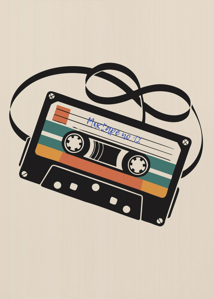A retro-style illustration of a black cassette tape with an unspooled black magnetic tape looping behind it. The cassette has orange and teal stripes and is labeled 'Mixtape no 11' in blue handwriting, all set against a cream background and enclosed in a thin black frame. Print