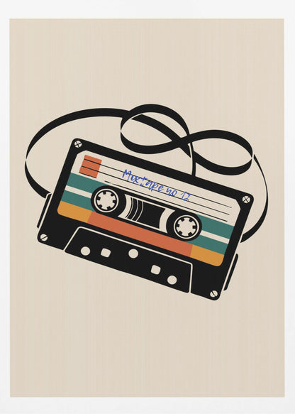 A retro-style illustration of a black cassette tape with an unspooled black magnetic tape looping behind it. The cassette has orange and teal stripes and is labeled 'Mixtape no 11' in blue handwriting, all set against a cream background and enclosed in a thin black frame. Print