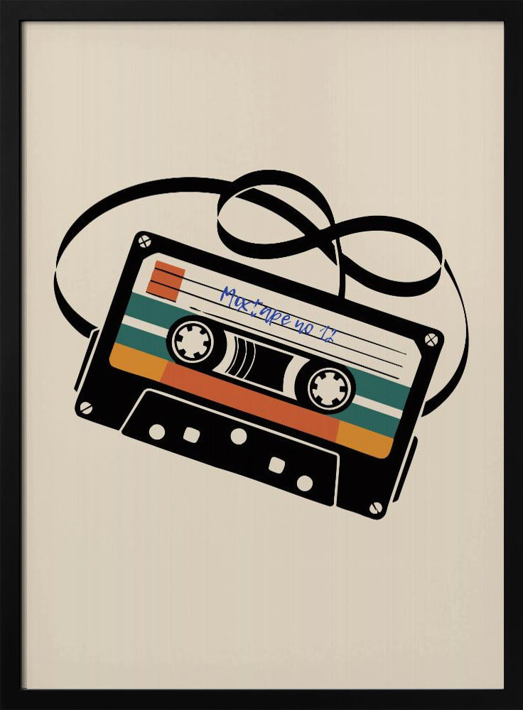 A retro-style illustration of a black cassette tape with an unspooled black magnetic tape looping behind it. The cassette has orange and teal stripes and is labeled 'Mixtape no 11' in blue handwriting, all set against a cream background and enclosed in a thin black frame. Print