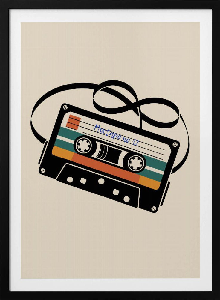 A retro-style illustration of a black cassette tape with an unspooled black magnetic tape looping behind it. The cassette has orange and teal stripes and is labeled 'Mixtape no 11' in blue handwriting, all set against a cream background and enclosed in a thin black frame. Print