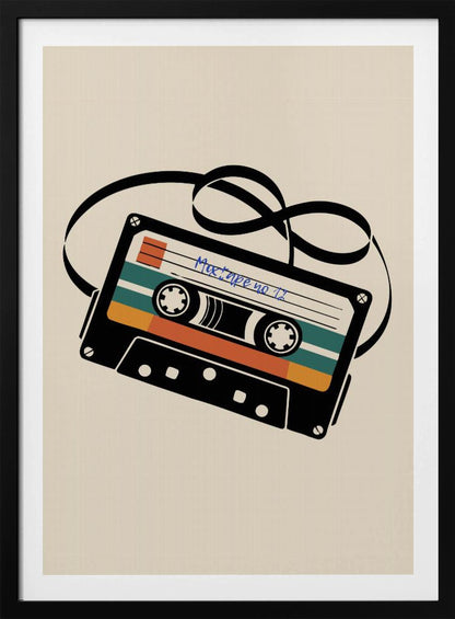A retro-style illustration of a black cassette tape with an unspooled black magnetic tape looping behind it. The cassette has orange and teal stripes and is labeled 'Mixtape no 11' in blue handwriting, all set against a cream background and enclosed in a thin black frame. Print