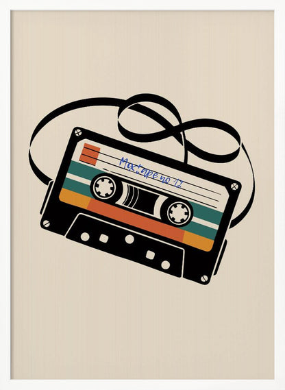 A retro-style illustration of a black cassette tape with an unspooled black magnetic tape looping behind it. The cassette has orange and teal stripes and is labeled 'Mixtape no 11' in blue handwriting, all set against a cream background and enclosed in a thin black frame. Print