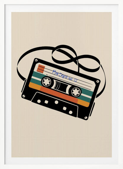A retro-style illustration of a black cassette tape with an unspooled black magnetic tape looping behind it. The cassette has orange and teal stripes and is labeled 'Mixtape no 11' in blue handwriting, all set against a cream background and enclosed in a thin black frame. Print
