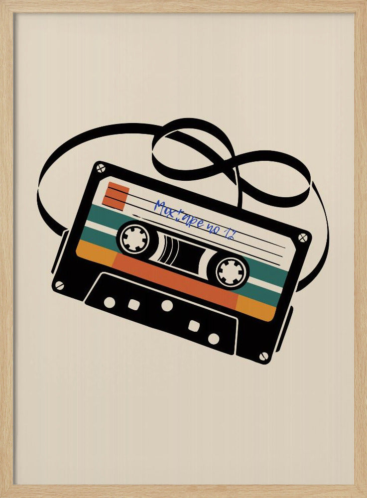 A retro-style illustration of a black cassette tape with an unspooled black magnetic tape looping behind it. The cassette has orange and teal stripes and is labeled 'Mixtape no 11' in blue handwriting, all set against a cream background and enclosed in a thin black frame. Print