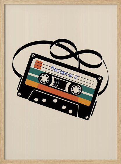 A retro-style illustration of a black cassette tape with an unspooled black magnetic tape looping behind it. The cassette has orange and teal stripes and is labeled 'Mixtape no 11' in blue handwriting, all set against a cream background and enclosed in a thin black frame. Print