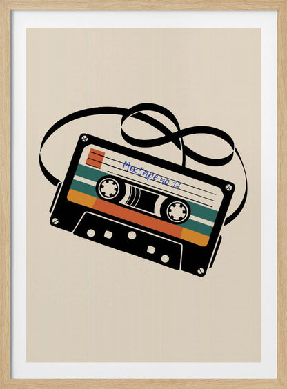 A retro-style illustration of a black cassette tape with an unspooled black magnetic tape looping behind it. The cassette has orange and teal stripes and is labeled 'Mixtape no 11' in blue handwriting, all set against a cream background and enclosed in a thin black frame. Print