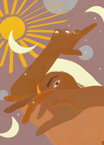 A stylized illustration of a brown-skinned person with light hair, partially obscuring their face. One arm reaches towards a radiant yellow sun, surrounded by crescent moons and planets against a dusky purple sky, creating a celestial and introspective scene. Artwork
