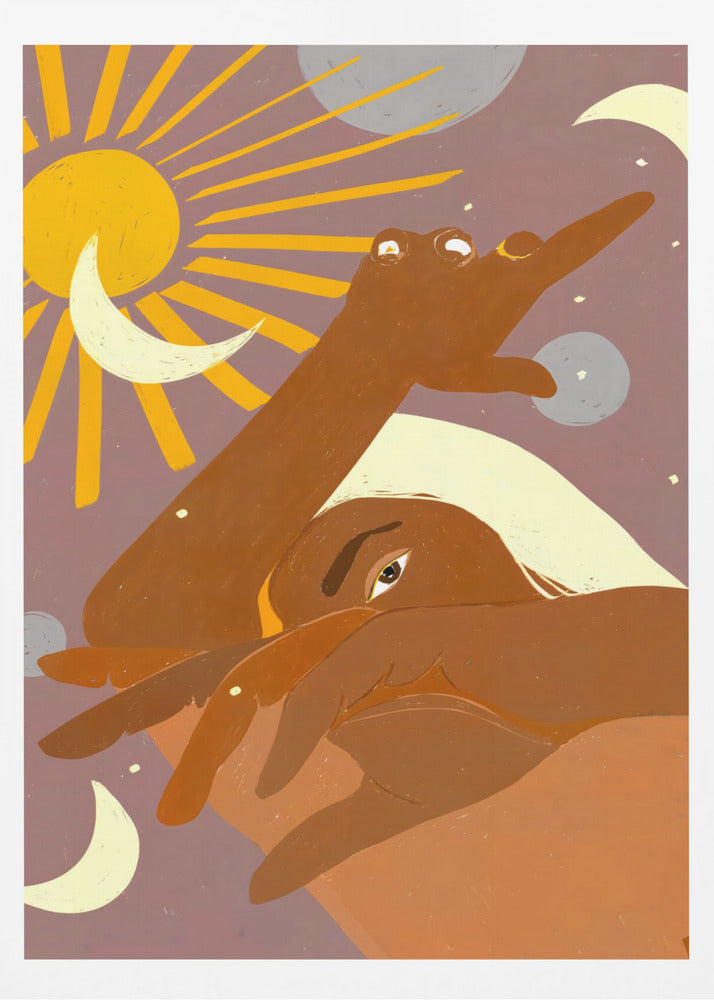 A stylized illustration of a brown-skinned person with light hair, partially obscuring their face. One arm reaches towards a radiant yellow sun, surrounded by crescent moons and planets against a dusky purple sky, creating a celestial and introspective scene. Artwork