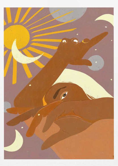 A stylized illustration of a brown-skinned person with light hair, partially obscuring their face. One arm reaches towards a radiant yellow sun, surrounded by crescent moons and planets against a dusky purple sky, creating a celestial and introspective scene. Artwork