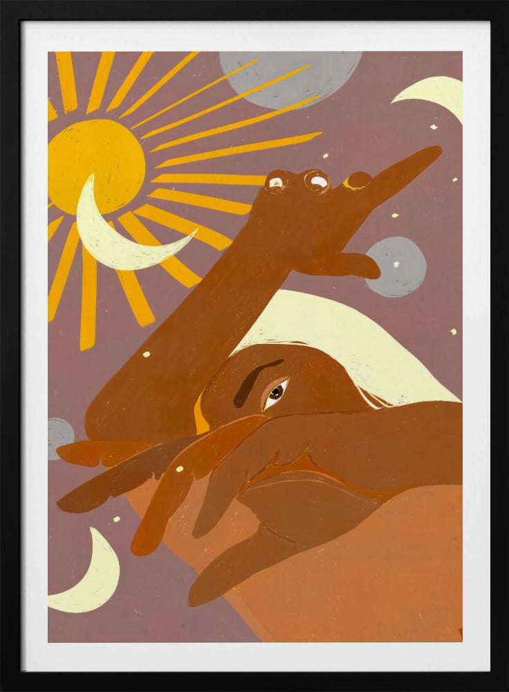 A stylized illustration of a brown-skinned person with light hair, partially obscuring their face. One arm reaches towards a radiant yellow sun, surrounded by crescent moons and planets against a dusky purple sky, creating a celestial and introspective scene. Artwork