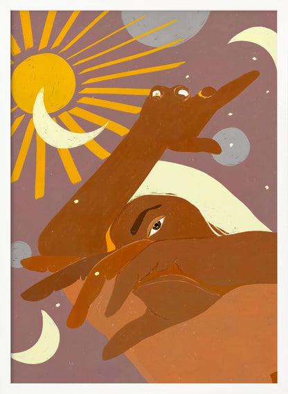 A stylized illustration of a brown-skinned person with light hair, partially obscuring their face. One arm reaches towards a radiant yellow sun, surrounded by crescent moons and planets against a dusky purple sky, creating a celestial and introspective scene. Artwork