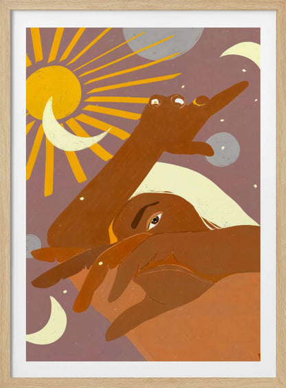 A stylized illustration of a brown-skinned person with light hair, partially obscuring their face. One arm reaches towards a radiant yellow sun, surrounded by crescent moons and planets against a dusky purple sky, creating a celestial and introspective scene. Artwork