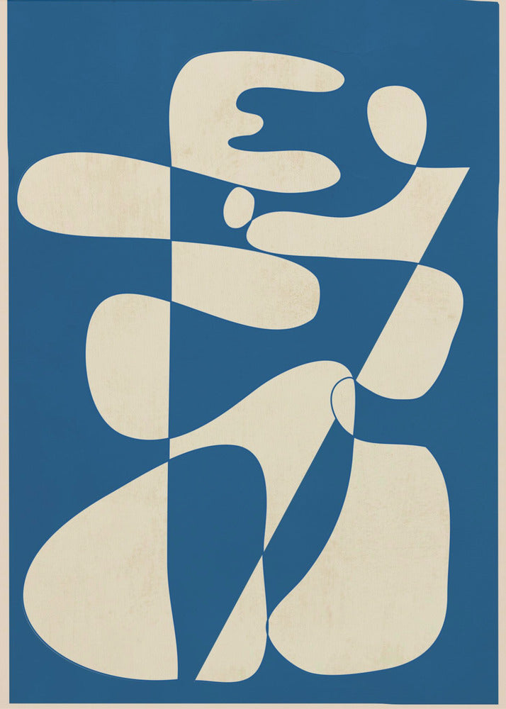 A modern abstract art print in a thin black frame. The composition features a bold royal blue background with a large, interlocking biomorphic shape in a creamy off-white color. The shape is fluid and complex, with soft curves and rounded forms that twist and connect throughout the frame. Decor