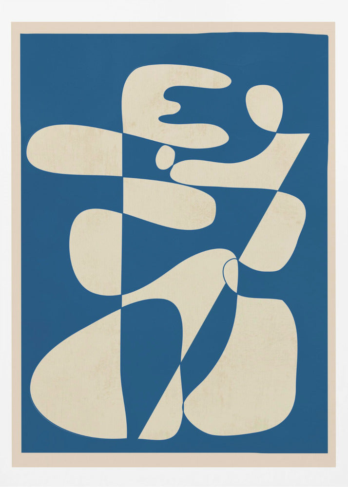 A modern abstract art print in a thin black frame. The composition features a bold royal blue background with a large, interlocking biomorphic shape in a creamy off-white color. The shape is fluid and complex, with soft curves and rounded forms that twist and connect throughout the frame. Decor