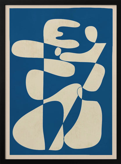 A modern abstract art print in a thin black frame. The composition features a bold royal blue background with a large, interlocking biomorphic shape in a creamy off-white color. The shape is fluid and complex, with soft curves and rounded forms that twist and connect throughout the frame. Decor