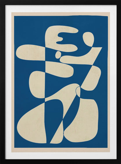 A modern abstract art print in a thin black frame. The composition features a bold royal blue background with a large, interlocking biomorphic shape in a creamy off-white color. The shape is fluid and complex, with soft curves and rounded forms that twist and connect throughout the frame. Decor