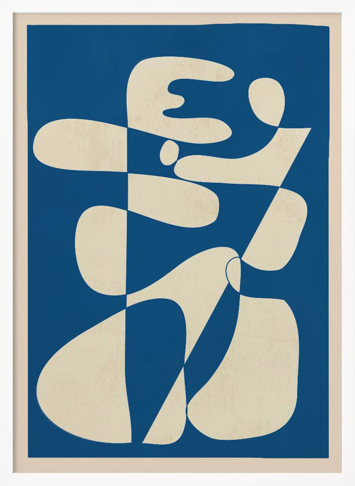 A modern abstract art print in a thin black frame. The composition features a bold royal blue background with a large, interlocking biomorphic shape in a creamy off-white color. The shape is fluid and complex, with soft curves and rounded forms that twist and connect throughout the frame. Decor