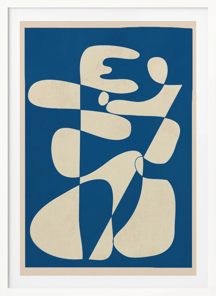 A modern abstract art print in a thin black frame. The composition features a bold royal blue background with a large, interlocking biomorphic shape in a creamy off-white color. The shape is fluid and complex, with soft curves and rounded forms that twist and connect throughout the frame. Decor
