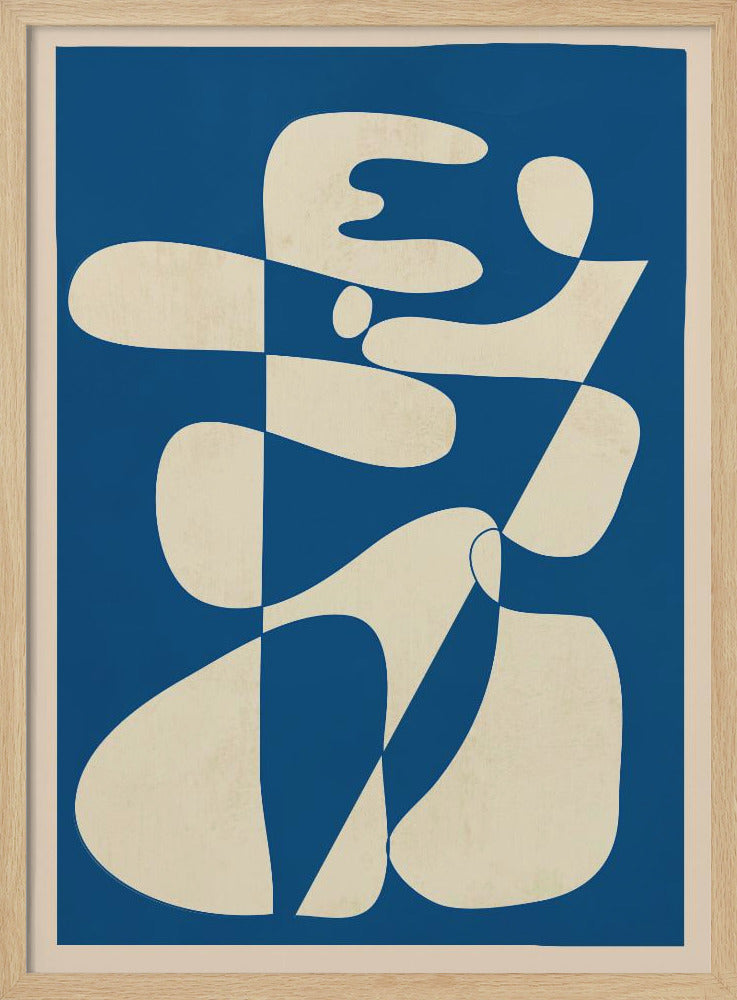 A modern abstract art print in a thin black frame. The composition features a bold royal blue background with a large, interlocking biomorphic shape in a creamy off-white color. The shape is fluid and complex, with soft curves and rounded forms that twist and connect throughout the frame. Decor