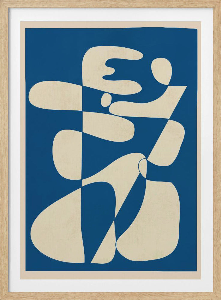 A modern abstract art print in a thin black frame. The composition features a bold royal blue background with a large, interlocking biomorphic shape in a creamy off-white color. The shape is fluid and complex, with soft curves and rounded forms that twist and connect throughout the frame. Decor