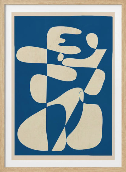 A modern abstract art print in a thin black frame. The composition features a bold royal blue background with a large, interlocking biomorphic shape in a creamy off-white color. The shape is fluid and complex, with soft curves and rounded forms that twist and connect throughout the frame. Decor