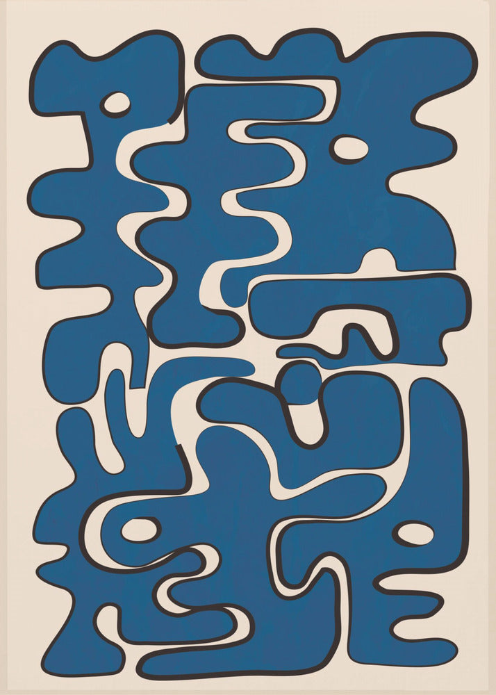 An abstract art print featuring a collection of bold, interlocking blue organic shapes with black outlines, creating a puzzle-like composition on a cream-colored background. The artwork is framed in black. Poster