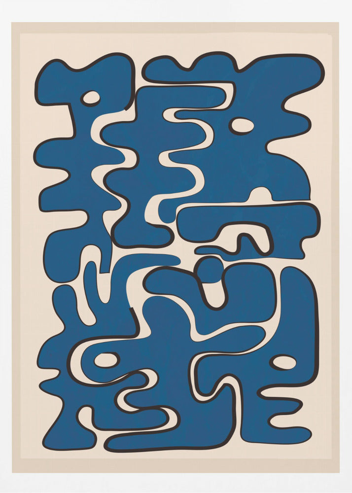 An abstract art print featuring a collection of bold, interlocking blue organic shapes with black outlines, creating a puzzle-like composition on a cream-colored background. The artwork is framed in black. Poster