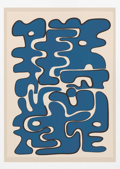 An abstract art print featuring a collection of bold, interlocking blue organic shapes with black outlines, creating a puzzle-like composition on a cream-colored background. The artwork is framed in black. Poster