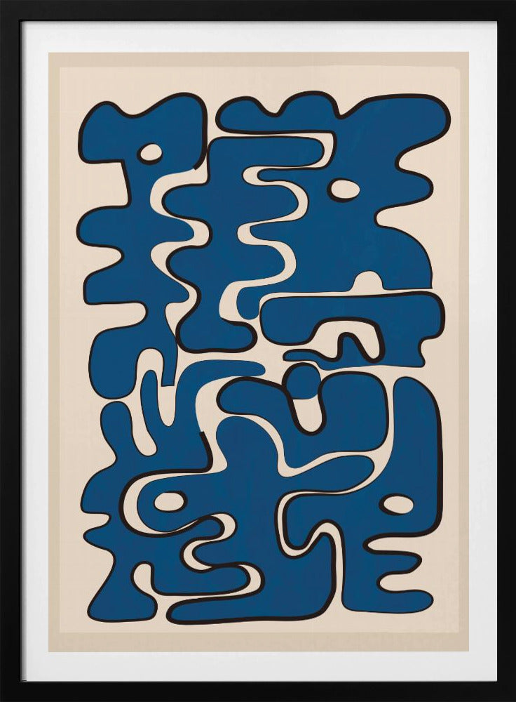 An abstract art print featuring a collection of bold, interlocking blue organic shapes with black outlines, creating a puzzle-like composition on a cream-colored background. The artwork is framed in black. Poster