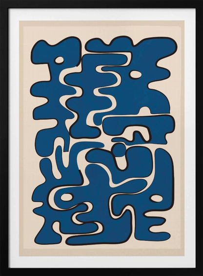 An abstract art print featuring a collection of bold, interlocking blue organic shapes with black outlines, creating a puzzle-like composition on a cream-colored background. The artwork is framed in black. Poster