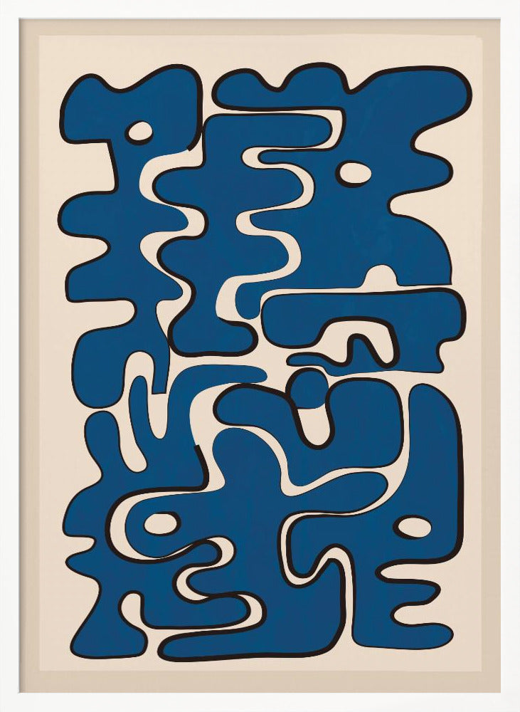 An abstract art print featuring a collection of bold, interlocking blue organic shapes with black outlines, creating a puzzle-like composition on a cream-colored background. The artwork is framed in black. Poster