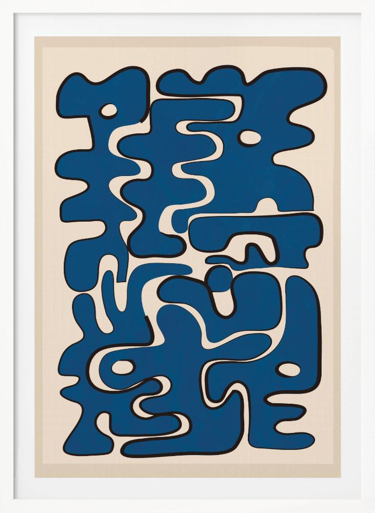 An abstract art print featuring a collection of bold, interlocking blue organic shapes with black outlines, creating a puzzle-like composition on a cream-colored background. The artwork is framed in black. Poster