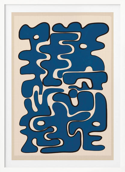 An abstract art print featuring a collection of bold, interlocking blue organic shapes with black outlines, creating a puzzle-like composition on a cream-colored background. The artwork is framed in black. Poster