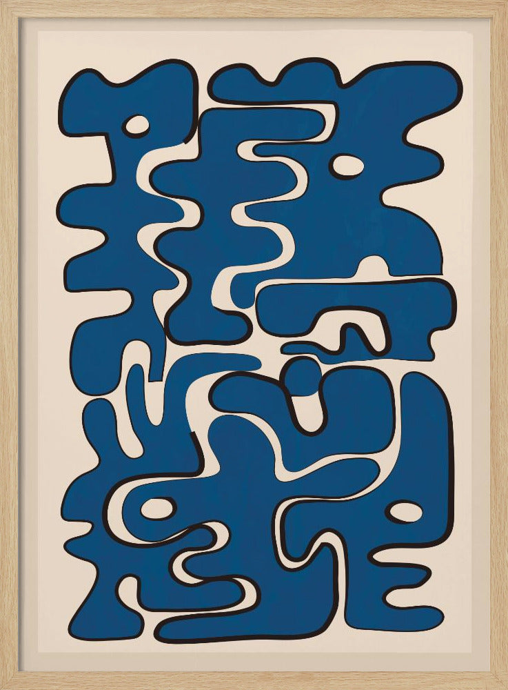 An abstract art print featuring a collection of bold, interlocking blue organic shapes with black outlines, creating a puzzle-like composition on a cream-colored background. The artwork is framed in black. Poster